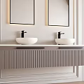 Modern Washbasin Vanity Design With Double Sink Mirror Lighting And Striped Cabinet Interior