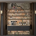 Elegant Wine Cabinet With Gold Frame Marble Backdrop Multiple Shelves Displaying Wine Bottles And Drawers