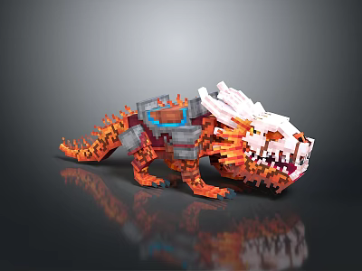 Pixel Style Orange And White Mechanical Dragon Game Character With Fiery Details And Glowing Eyes 3d model