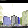 High Rise Residential Buildings With Green Landscaping Road And Vehicles