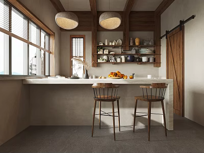 Rustic Restaurant Interior With Open Bar Counter Wooden Ceiling Pendant Lights And Bar Stools 3d model