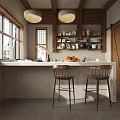 Rustic Restaurant Interior With Open Bar Counter Wooden Ceiling Pendant Lights And Bar Stools