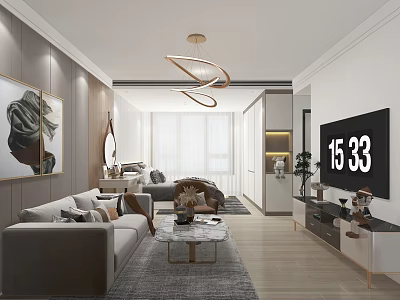 Modern Living Dining Room Interior With Gray Sofa Coffee Table Pendant Lights And Decorative Painting 3d model