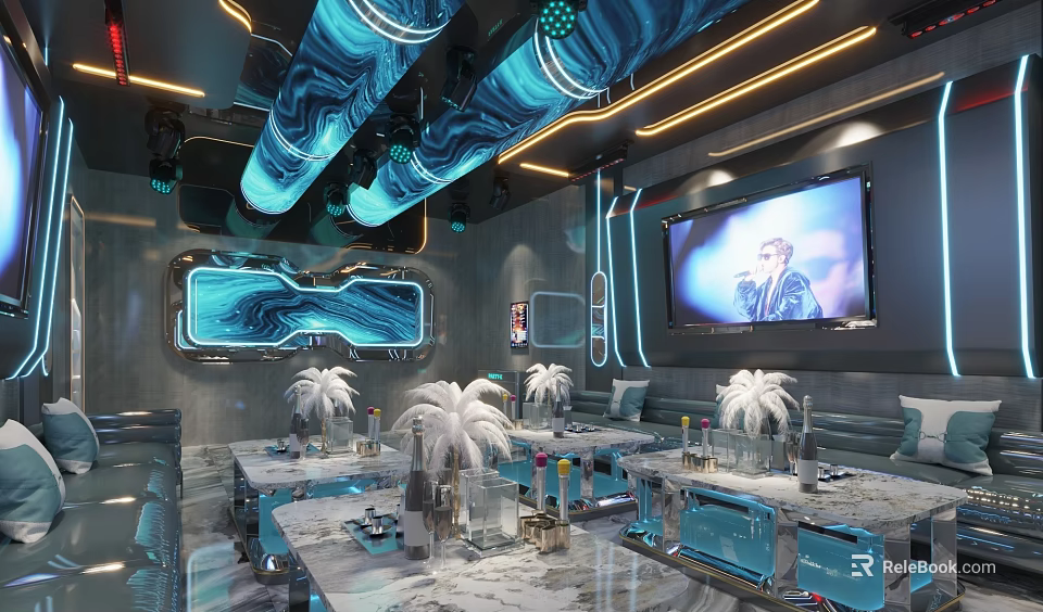 Modern KTV Interior With Blue Wavy Ceiling Neon Lights And Large Screen TV 3d model 