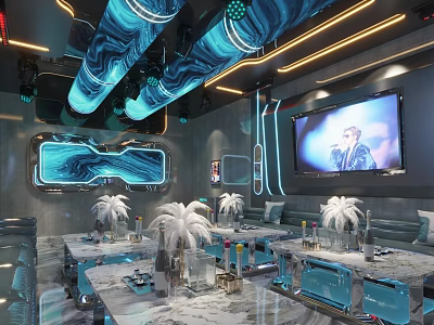 Modern KTV Interior With Blue Wavy Ceiling Neon Lights And Large Screen TV 3d model