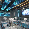 Modern KTV Interior With Blue Wavy Ceiling Neon Lights And Large Screen TV