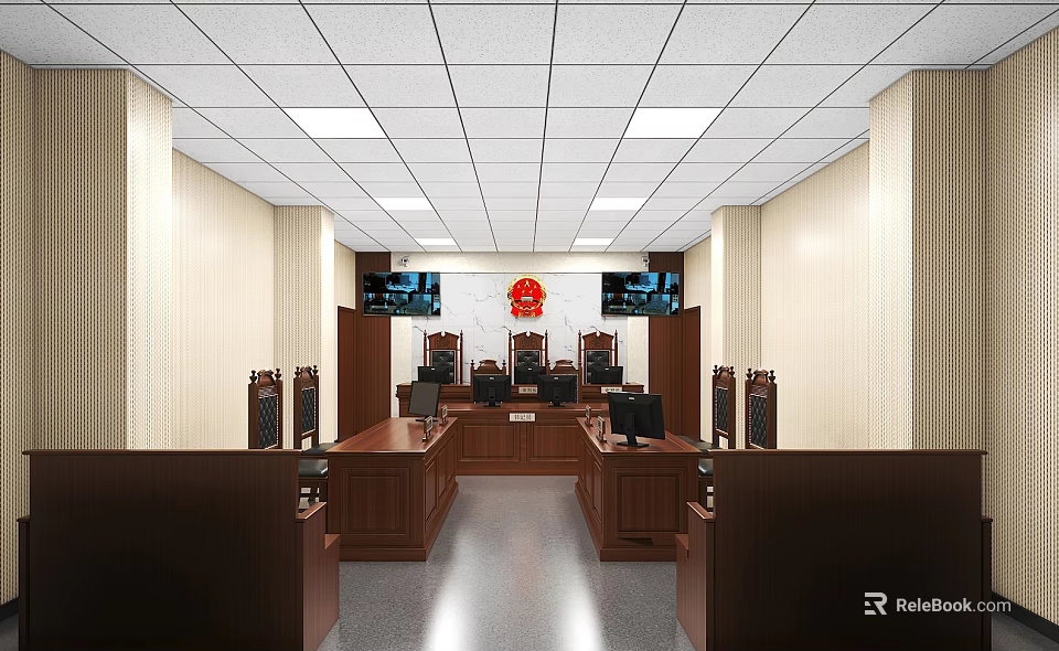 Courtroom Interior Design With Judge Bench Seats Screens And National Emblem 3d model 