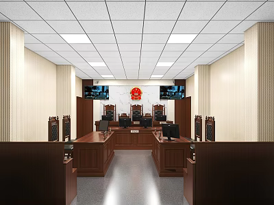 Courtroom Interior Design With Judge Bench Seats Screens And National Emblem 3d model