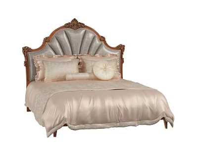 Elegant Double Bed With Ornate Carved Leather Headboard Luxury Beige Bedding And Decorative Pillows 3d model