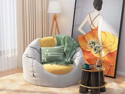 Stylish Gray Bean Bag Chair With Yellow Cushion Green Blanket And Side Table Flowers 3d model