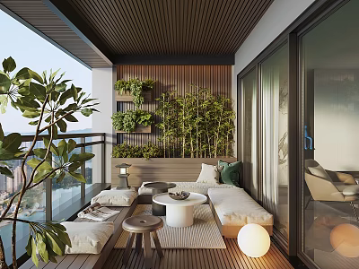 Modern Home Balcony Design With Green Plant Wall Cozy Seating And Wooden Accents 3d model