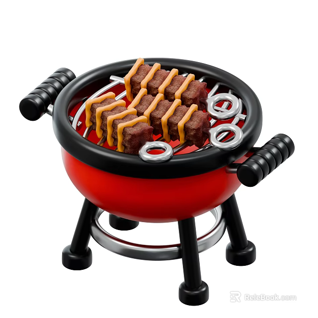 Tasty Grilled Meat Skewers With Cheese Sauce On Red Mini Grill With Black Stand 3d model 