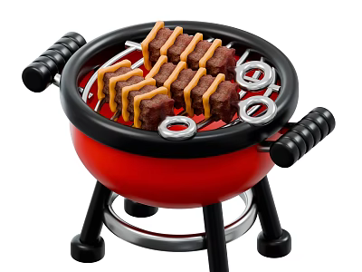 Tasty Grilled Meat Skewers With Cheese Sauce On Red Mini Grill With Black Stand 3d model
