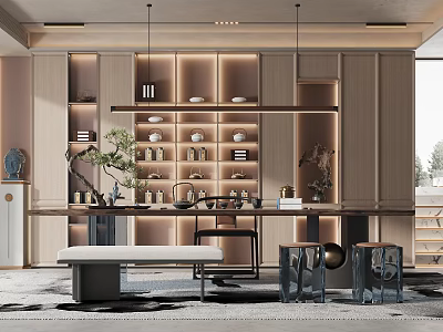 Elegant Tea Room Interior With Shelved Tea Sets Decorative Plants And Ambient Lighting 3d model