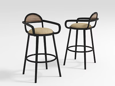 Modern Bar Stools With Black Metal Frame Woven Backrest Beige Seat And Armrest Design 3d model