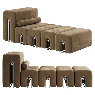 Brown Upholstered Sofa Stools with Silver Metal Legs Modular Design for Modern Living Room 3d model