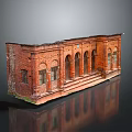 Red Brick Building Model With Arched Windows And Front Steps Detailed Facade