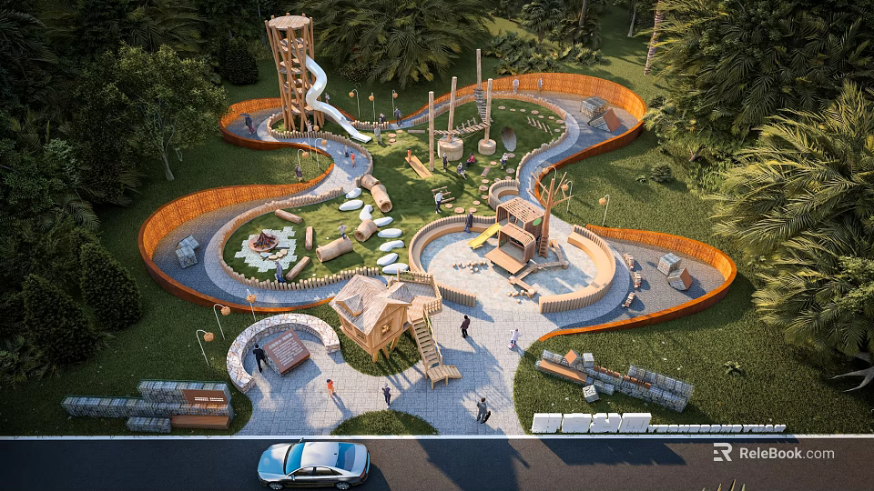 Natural Wooden Garden Wall Design For Playground With Lawn And Pathway Structures 3d model 