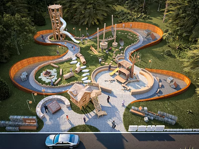 Natural Wooden Garden Wall Design For Playground With Lawn And Pathway Structures 3d model
