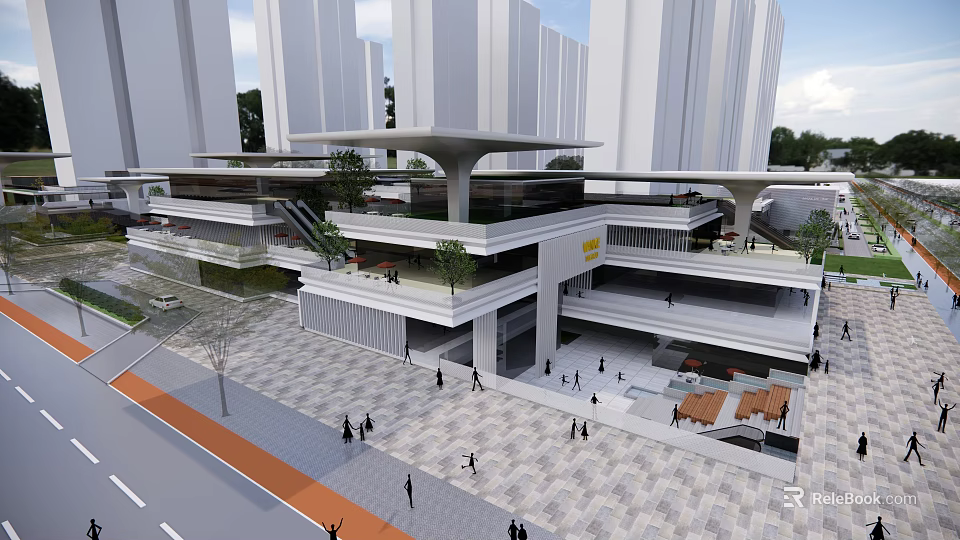 Modern Multi-Story Building Plaza with Pedestrians Trees and High-Rise Background 3d model 
