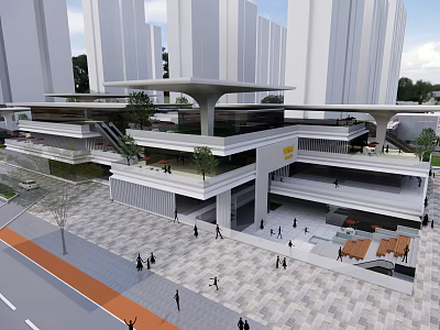 Modern Multi-Story Building Plaza with Pedestrians Trees and High-Rise Background 3d model