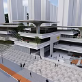 Modern Multi-Story Building Plaza with Pedestrians Trees and High-Rise Background