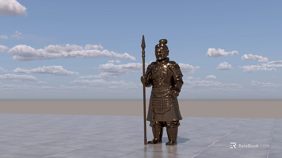 Landscape Sculpture Ancient Warrior in Bronze Armor Holding Spear Blue Sky White Clouds on Platform 3d model 