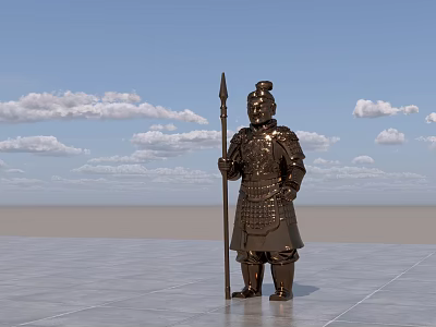 Landscape Sculpture Ancient Warrior in Bronze Armor Holding Spear Blue Sky White Clouds on Platform 3d model