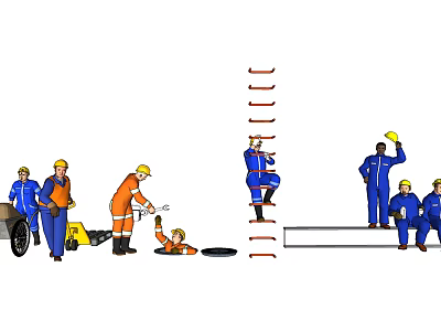 Construction Workers Working At Construction Site With Ladders Tools And Helmets 3d model