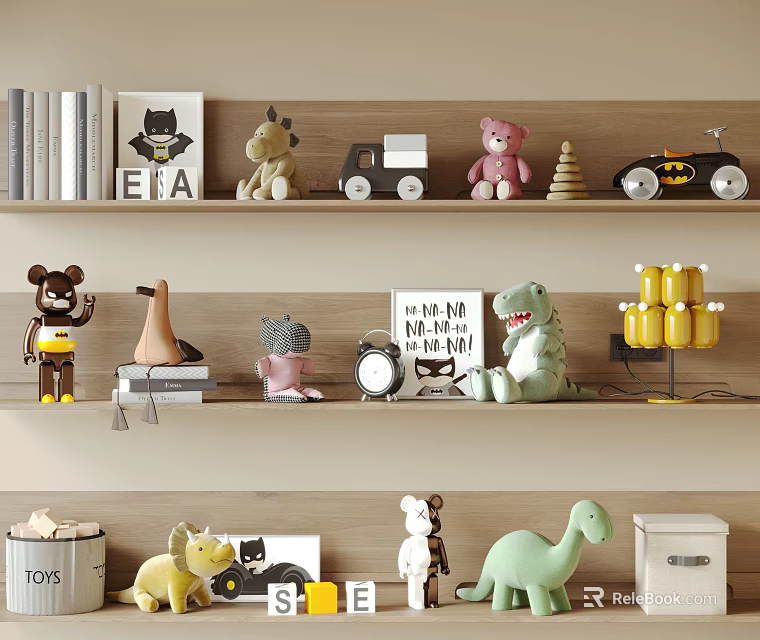 Decorative Ornament Collection with Dinosaur Toys Teddy Bear Toy Car and Letter Blocks on Shelf 3d model 