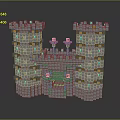 Block Built Castle Model With Gray Walls Golden Decorations And Flaming Torches