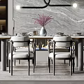 Modern Elegant Dining Table Set With Chairs Pendant Light Marble Backdrop And Decorative Vase 3d model