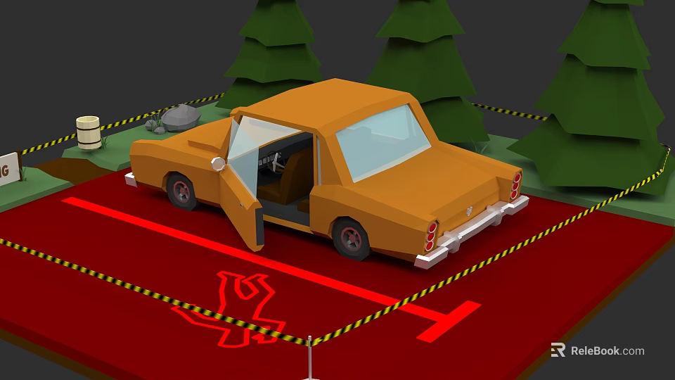 Orange Car With Open Door On Red Carpet Surrounded By Caution Tape And Trees 3d model 