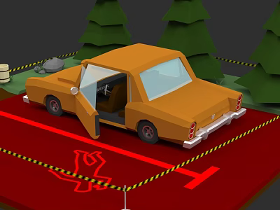 Orange Car With Open Door On Red Carpet Surrounded By Caution Tape And Trees 3d model