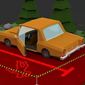 Orange Car With Open Door On Red Carpet Surrounded By Caution Tape And Trees