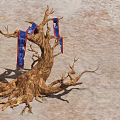 Withered Tree Root With Blue Decorative Ribbons On Textured Ground 3d model