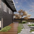 Mountain Homestay Building with Tile Roof Stone Walls and Surrounding Green Trees
