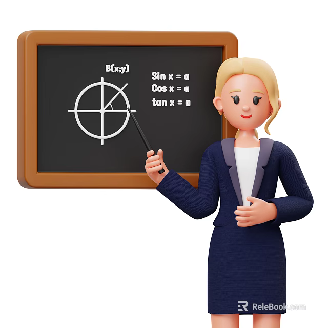 Woman Teaching Trigonometry Using Blackboard With Sin Cos Tan And Coordinate Diagram 3d model 