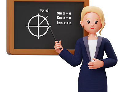 Woman Teaching Trigonometry Using Blackboard With Sin Cos Tan And Coordinate Diagram 3d model