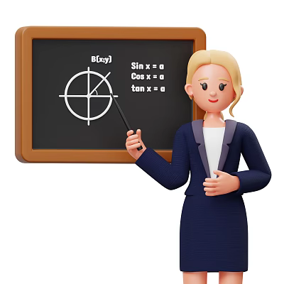 Woman Teaching Trigonometry Using Blackboard With Sin Cos Tan And Coordinate Diagram 3d model