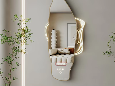 Modern Decorative Mirror With LED Edge Lighting And Potted Greenery In Living Space 3d model