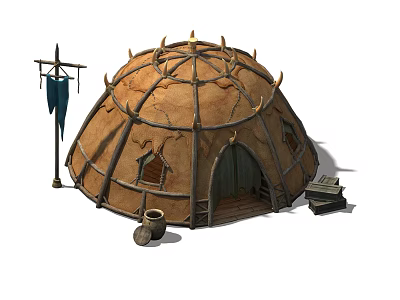 Traditional Horn Decorated Tent With Pointed Top Cloth Hanging Pole Clay Pot And Storage Chest 3d model