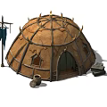 Traditional Horn Decorated Tent With Pointed Top Cloth Hanging Pole Clay Pot And Storage Chest