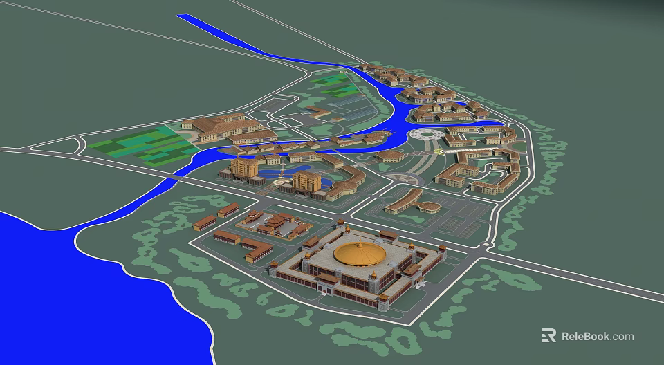 Detailed Aerial Planning Layout With Curving River Green Spaces And Round Dome Structures 3d model 
