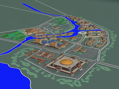 Detailed Aerial Planning Layout With Curving River Green Spaces And Round Dome Structures 3d model