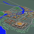 Detailed Aerial Planning Layout With Curving River Green Spaces And Round Dome Structures