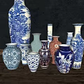 Various Shaped Decorative Ceramic Vases With Blue White Red Patterns 3d model