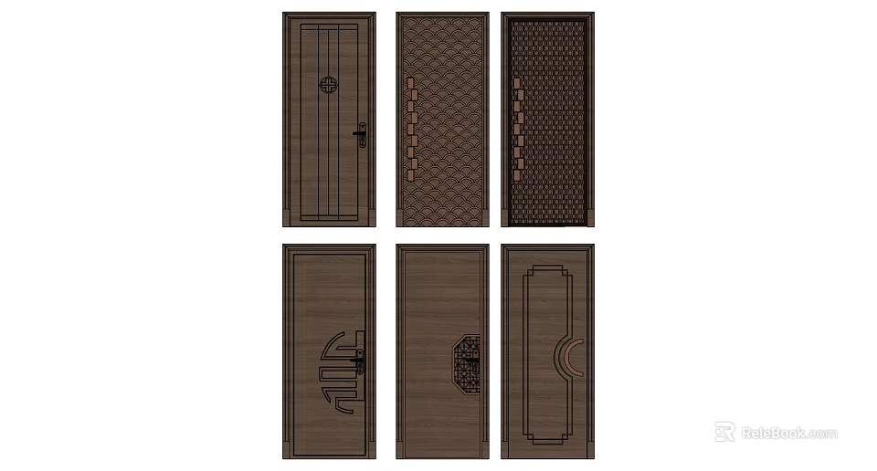 Swing Doors with Various Wooden Designs and Dark Brown Panel Patterns 3d model