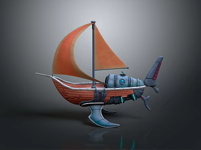Futuristic Wooden Watercraft With Orange Sail And Sci Fi Thruster Design 3d model