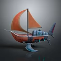 Futuristic Wooden Watercraft With Orange Sail And Sci Fi Thruster Design
